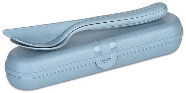 Koziol Besteck Etui + Besteckset Klikk Ready, Biozirkulärer Kunststoff, Nature Flower Blue, 7070716