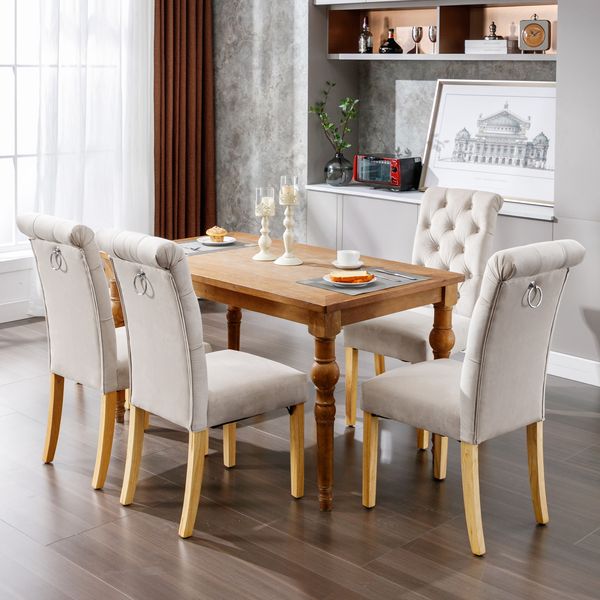 Esszimmerstuhl 4er-Set, Samt mit Eichenbeinen & Knopfheftung, 100x63x43, Beige