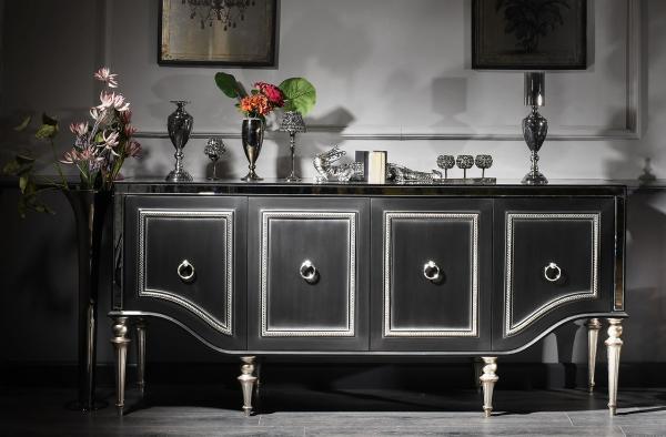 Casa Padrino Luxus Barock Sideboard Schwarz / Silber 220 x 103 x H. 56 cm - Wohnzimmerschrank mit Glasplatte und 4 Türen - Luxus Barock Wohnzimmer Möbel