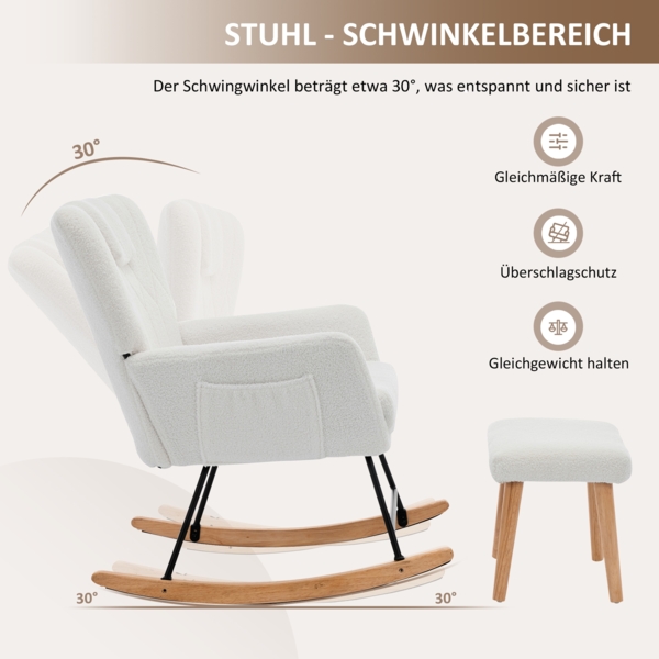 Merax Schaukelstuhl Ergonomisch inklusive Fußhocker, stabiler Gummiholzrahmen, der um 30 Grad schaukeln kann, Relaxsessel, weiß Bild 5