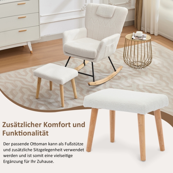 Merax Schaukelstuhl Ergonomisch inklusive Fußhocker, stabiler Gummiholzrahmen, der um 30 Grad schaukeln kann, Relaxsessel, weiß Bild 7