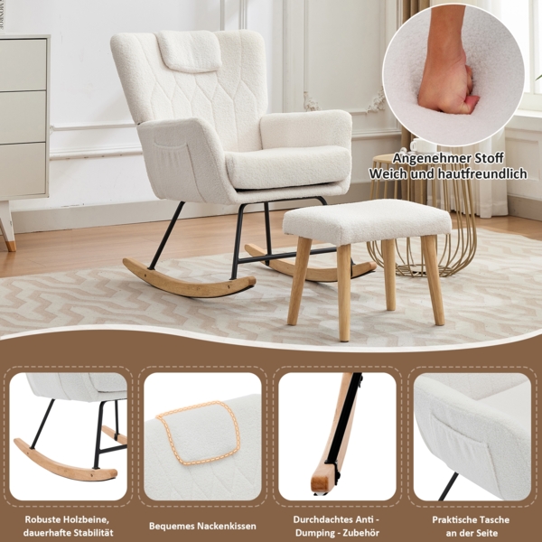 Merax Schaukelstuhl Ergonomisch inklusive Fußhocker, stabiler Gummiholzrahmen, der um 30 Grad schaukeln kann, Relaxsessel, weiß Bild 6