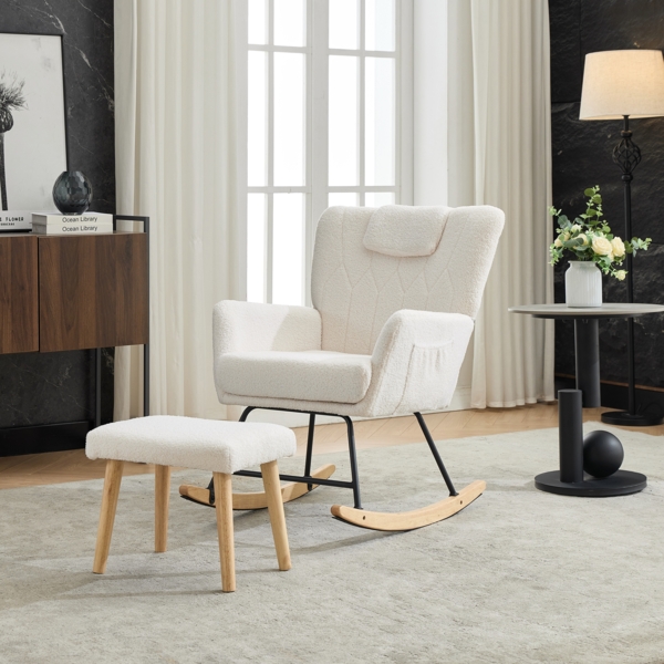 Merax Schaukelstuhl Ergonomisch inklusive Fußhocker, stabiler Gummiholzrahmen, der um 30 Grad schaukeln kann, Relaxsessel, weiß Bild 8