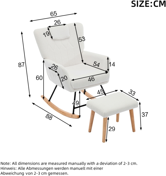 Merax Schaukelstuhl Ergonomisch inklusive Fußhocker, stabiler Gummiholzrahmen, der um 30 Grad schaukeln kann, Relaxsessel, weiß Bild 4