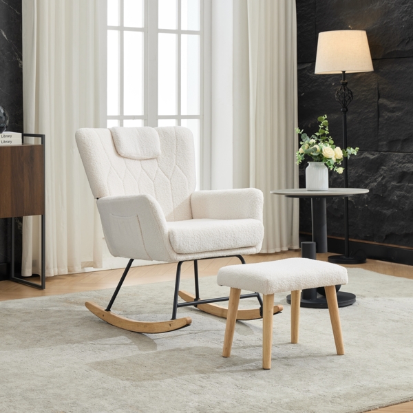 Merax Schaukelstuhl Ergonomisch inklusive Fußhocker, stabiler Gummiholzrahmen, der um 30 Grad schaukeln kann, Relaxsessel, weiß Bild 9