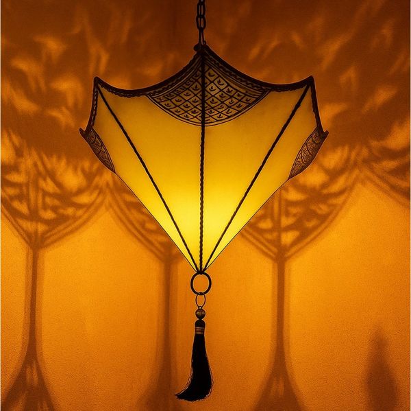 Marrakesch Orient & Mediterran Interior Pendelleuchte Deckenlampe Berfu aus Leder Beige-Gelb 50cm, Mediterrane Lederlampe, ohne Leuchtmittel, Handarbeit