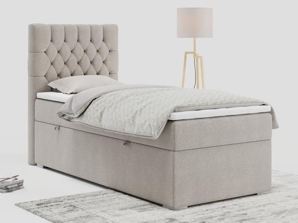 Boxspringbett PERA, Polsterbett mit Kopfstütze, gepolsterte Kopfstütze, Einzelbett, 90x200 - Beige Stoff - links - H3