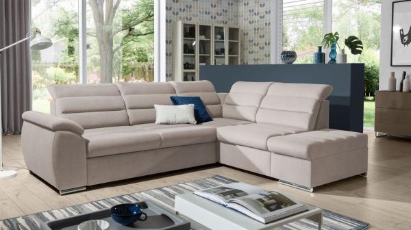 Ecksofa Schlafsofa Sofa PASCARA in Stoff Esito Beige Ottomane Rechts