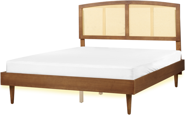 Bett mit LED VARZY 160 x 200 cm LED Rattan Heller Holzfarbton