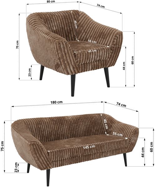 Wohnzimmerset, Möbelset PIRS 3-3-1, Armlehnen, Wellenfederung, schwarze Füße, Dreisitzer Sofas mit Sessel, Polstermöbel Set - Braun Cord Bild 5