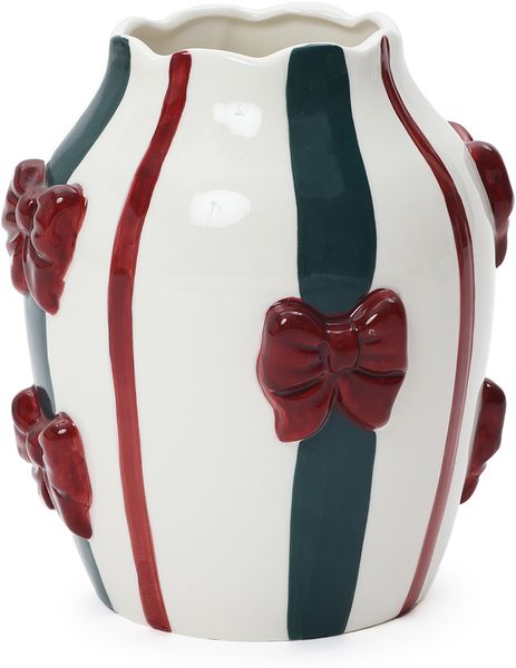 Hometopia Vase Keramik gestreift mit roten 3D-Schleifen, weiß/grün, Höhe 21 cm
