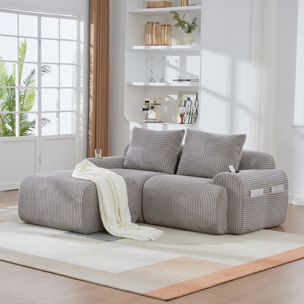 2-Sitzer-Sofa aus Cord 200x174x80 cm mit Cupholder & Seitentasche, hellgrau