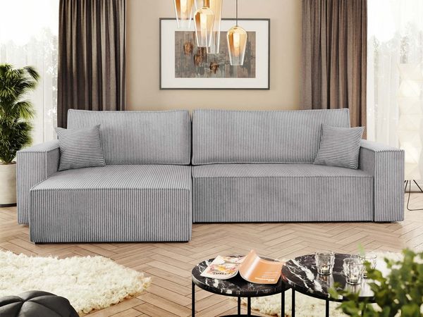 MIRJAN24 Ecksofa Karl Cord, mit Bettkasten und Schlaffunktion, Ottomane universal, Dekorative Kissen-Set