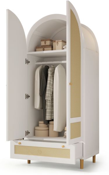 Merax Kleiderschrank 80 x 50 x 180 cm aus Holz in Rattan-Optik, Schrank in Weiß mit Bogen-Design, Wäscheschrank mit Kleiderstange und Schublade, Garderobenschrank Bild 10
