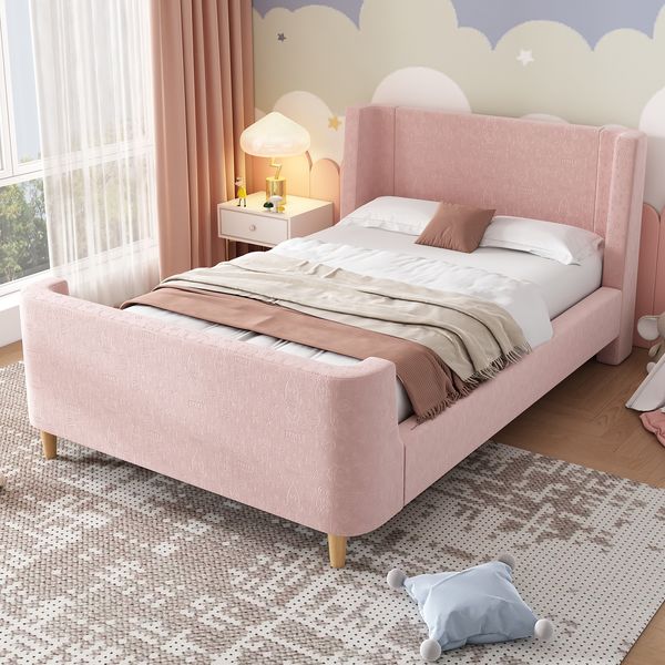 Polsterbett 90x200 cm mit abgerundeten Ecken und Lattenrost, Rosa, ohne Matratze
