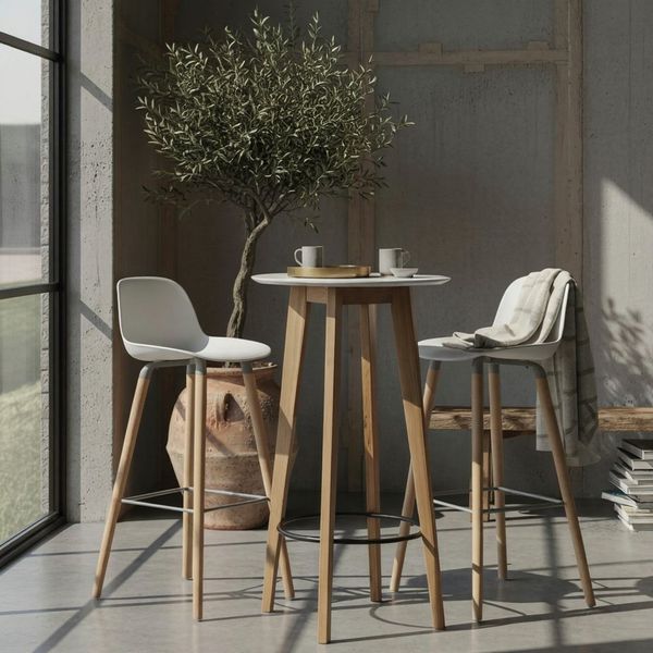 KADIMA DESIGN Bartisch Stehtisch 60 x 110 x 60 cm Weiß Rund, Bartisch für 4 Personen, Moderner, Tisch für Bar, Design Partytisch Holz, Hochtisch Eiche Skandinavisch
