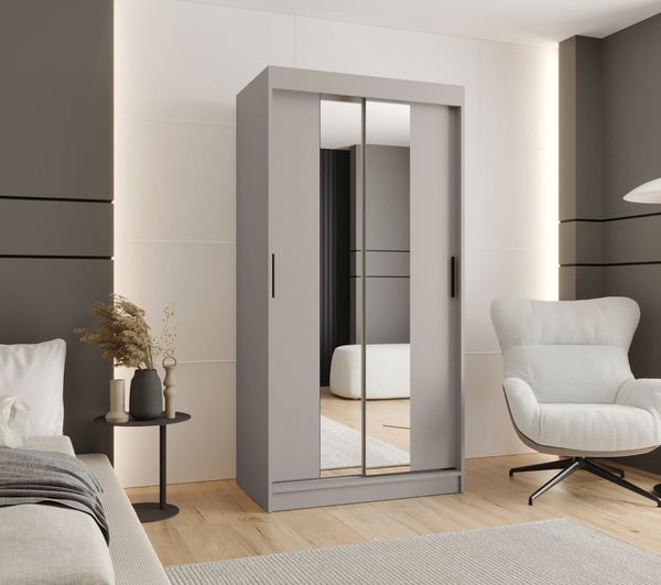 MOEBLO Schiebetürenschrank VELARO T1 (Kaschmir, Schwebetürenschrank mit Spiegel, viel Stauraum, verschiedene Breiten 100–250 cm, Schlafzimmer Schrank mit Schiebetüren & schwarzen Griffen, Schrank Garderobe Schiebtüren Schlafzimmer) (BxHxT):(BxHxT): 100...