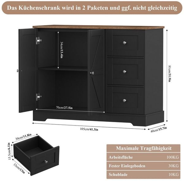 HOMECHO Sideboard, Küchenschrank mit Arbeitsplatte, Buffetschrank Weiß & Braun