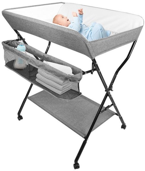 JEOBEST Wickeltisch Klappbare Wickelkommode Reisewickelkommode Mit Rollen, (1-tlg) Leitplankendesign, Höhenverstellbar,Wasserdicht PVC