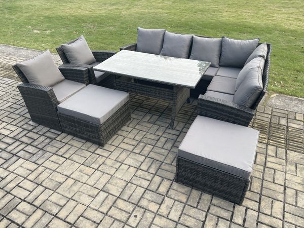 Fimous 10 Sitzer Garten Rattanmöbel Ecksofa Esstisch Sessel Set mit 2 Großer Hockern 2 Sesseln