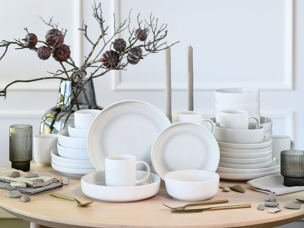 OTTO home Kombiservice modernes Geschirr-Set, Service Lykk (30-tlg), 6 Personen, Steinzeug, hohe Haltbarkeit, spülmaschinen- & mikrowellengeeignet, Reaktivglasur