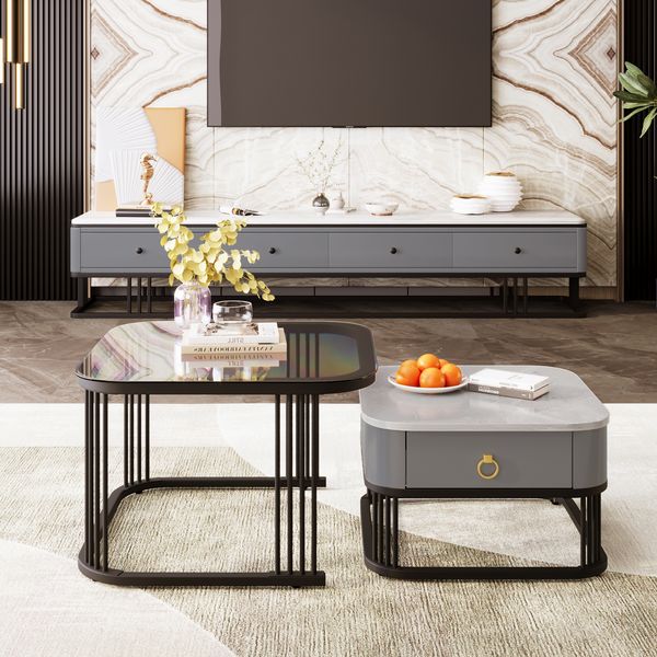 Couchtisch 60x60x42+50x50x34 cm, MDF mit Marmoroptik & Glas, schwarzes Metalllgestell, integrierte Schublade, Schwarz und Grau