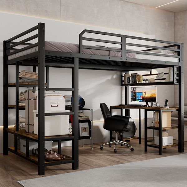 Merax Hochbett (1-St, Jugendbett Etagenbett Einzelbett) Metallbett Kinderbett 120x200 cm mit Schreibtisch Ablagefläche & Leiter