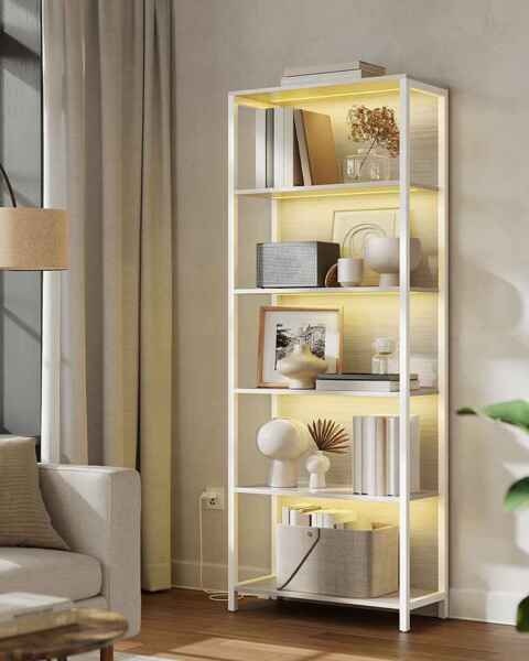 VASAGLE Bücherregal mit 6 Ebenen, Standregal mit einstellbarer LED-Beleuchtung, Regal mit Stahlrahmen, 30,3 x 60 x 178,6 cm, für Wohnzimmer, Schlafzimmer, Arbeitszimmer, naturbeige