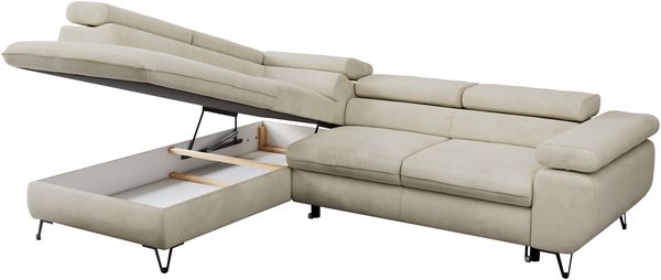 Mks Möbel 'Pedro L-Form' Ecksofa mit Schlaffunktion, verstellbaren Kopfstützen & Bettkasten, Beige, Velours, links Bild 6