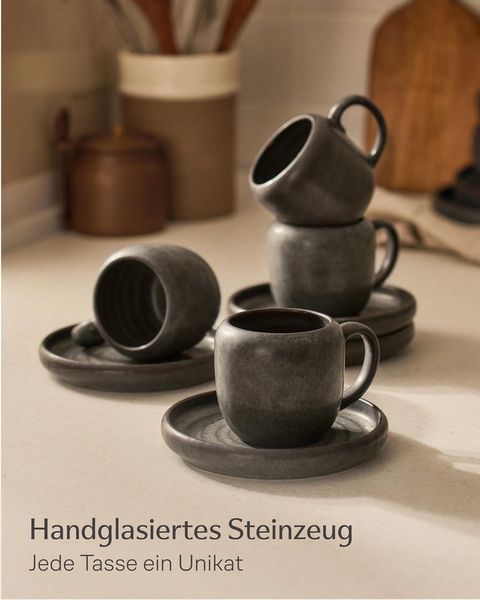 Cosumy Cappuccinotasse 4er Cappuccino Tassen Set mit Untertassen Weiß – 200 ml Keramik, 4-tlg, Steingut, Handglasiert, Spülmaschinenfest & Mikrowellengeeignet, 4er Set