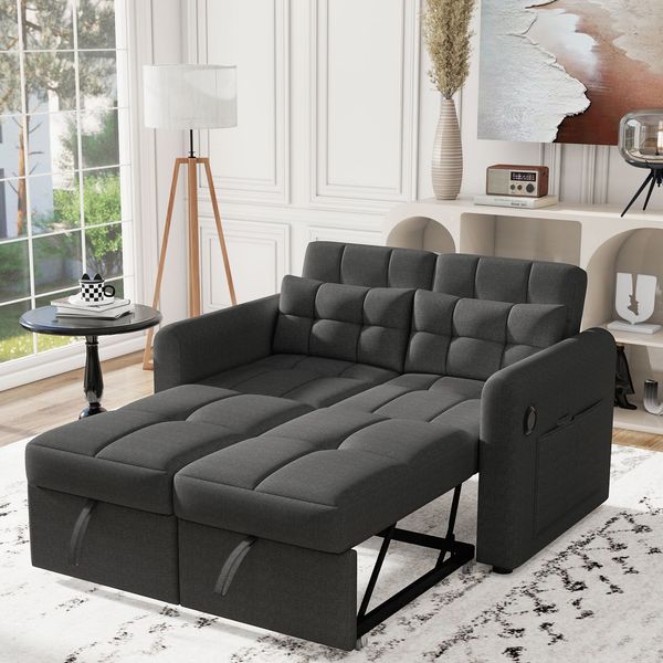 Loveseat-Sofa, 3-in-1-Ausziehsofa mit verstellbarer Rückenlehne, USB, Armlehnentaschen und Kissen, Geeignet für Wohnzimmer, Grau