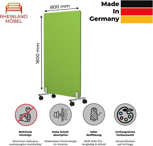 Rheinland Möbel FocusWall STWR0816 – Akustik-Stellwand 800×1600 mm in Stofffarbe Madura inkl. Rollen – Mobile Schreibtisch-Trennwand für Büro & Homeoffice – Schallschutz – Made in Germany Bild 2