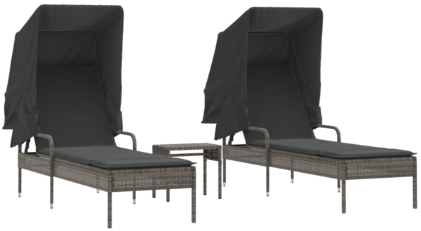vidaXL Sonnenliegen 2 Stk. mit Dach und Tisch Grau Poly Rattan 3261571