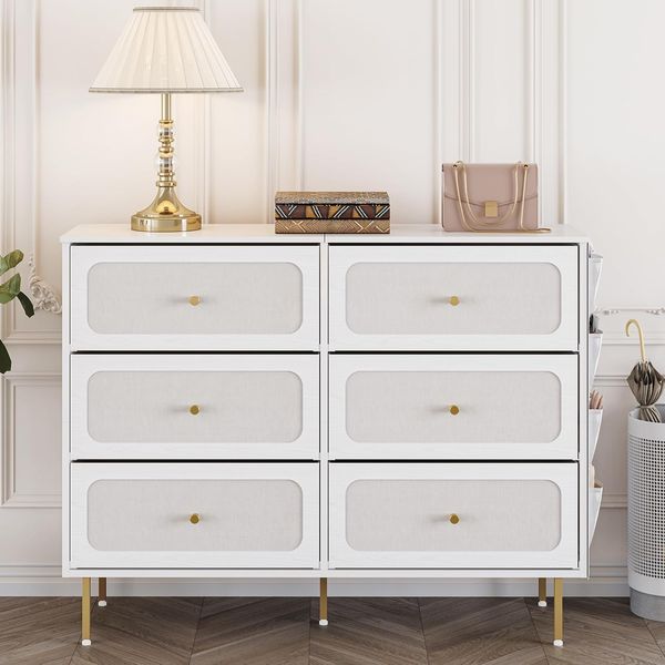 Kommode, Schrank mit 6 Stoffschubladen, Multifunktionales Sideboard mit Stofftasche, Metallrahmen, 30 x 110 x 85 cm, für Wohnzimmer und Schlafzimmer, Morden, Weiß-Gold