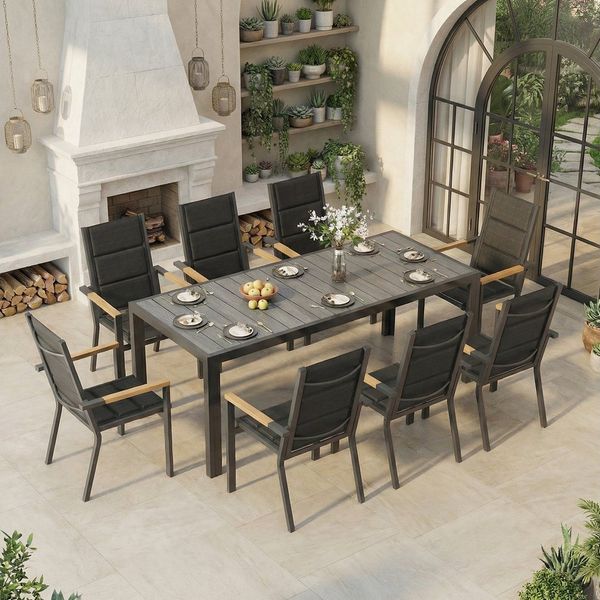 HOMALL Garten-Essgruppe 150/180cm Holzoptik Aluminiumtisch und Gartenstühle mit Holzarmlehnen, (9-tlg), Stapelbare Gartenstühle bis 160kg, rostfreier Aluminiumtisch bis 100kg