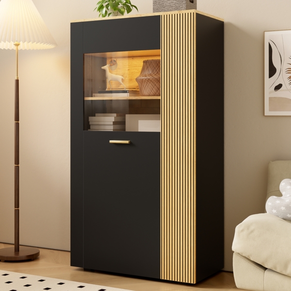 Merax Aufbewahrungsschrank mit 16-Farben LED-Lichtern, Multifunktionaler Organizer mit 3 festen und 2 verstellbaren Regalen, Kabelmanagement für Wohnzimmer (Schranktüren mit Glas), Schwarz