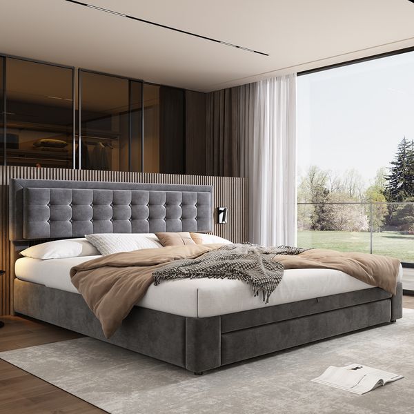 Polsterbett 160×200 cm aus Samt-Stoff mit Stauraum und verstellbarem Kopfteil, grau