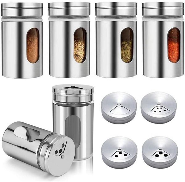 6er Set Gewürzbehälter Glas Edelstahl Deckel Drehbarer Streueinsatz