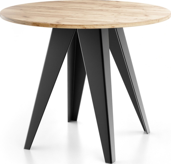 WFL GROUP Esstisch Glory ausziehbar rund industrial mit schwarzen Metallgestell (MADE IN EU, erhältlich in zwei Größen – 90/100 cm, ausziehbar auf 130/140 cm), platzsparender Tisch für kleine Küche, Esszimmer oder Wohnzimmer