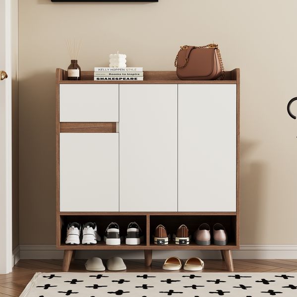 Moderner Schuhschrank Mit Verstellbaren Fächern Weiß Natural 90cm Flur Kommode Mit Massivholzbeinen Und Offenem Stauraum Flexibler Schuhschrank Mit Trennwänden Und Kippsicherung Für Ordnung Im Eingangsbereich, 99cmx35cmx90cm, Weiß