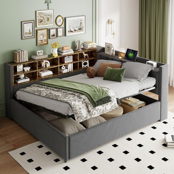 REDOM Schlafsofa Polsterbett Stauraumbett, mit hydraulischem Stauraum, Nachtlicht, USB & Typ-C Anschlüsse, Samtstoff 140x200 cm, Inklusive Matratze