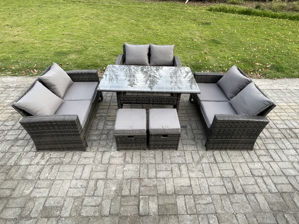 Fimous Polyrattan Gartenmöbel-Sets mit Länglicher Esstisch Doppelsitzsofa 2 kleine Fußhockern Dunkelgrau gemischt