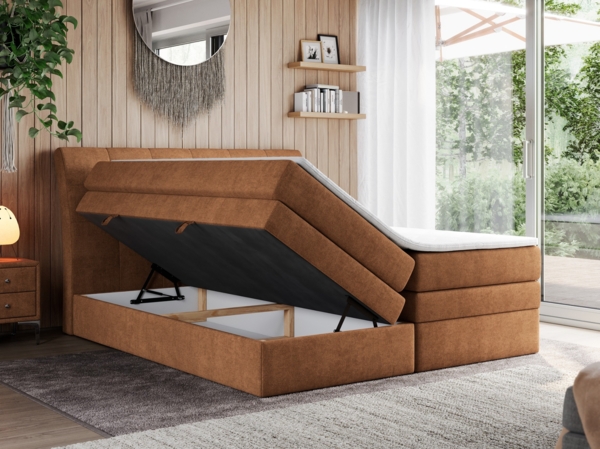 Boxspringbett, Stauraumbett, Bett mit Multipocket-Matratze und Topper - GOLD-10-KING - 200x200cm - Orange Stoff - H3 Bild 2