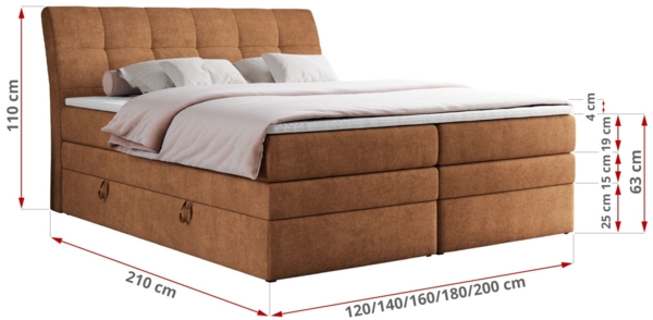 Boxspringbett, Stauraumbett, Bett mit Multipocket-Matratze und Topper - GOLD-10-KING - 200x200cm - Orange Stoff - H3 Bild 5