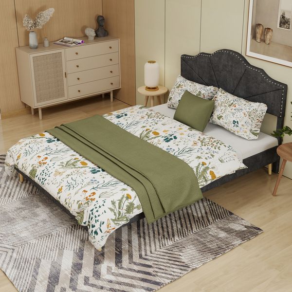 Flieks Doppelbett 160x200cm, Polsterbett mit Kopfteil & Bettkasten, Einzigartiges Nietendesign, Grau
