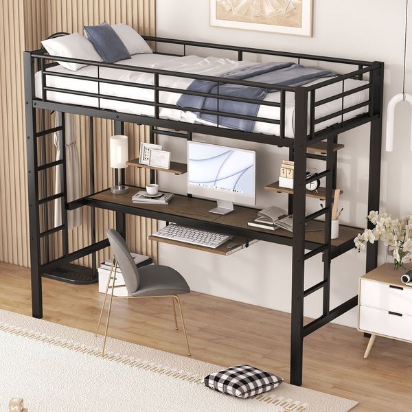 Hochbett 90x200 cm aus Metall mit Schreibtisch, 2 Regalen und Leiter, Schwarz