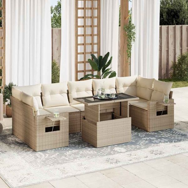 vidaXL 8-tlg. Garten-Sofagarnitur mit Kissen Beige Poly Rattan 3326439