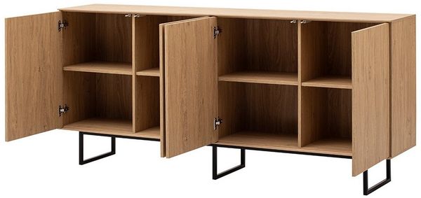 Lomadox Sideboard KASOL-61, Eiche Dekor 200 cm 4-türig grifflos Push-to-open Metallgestell schwarz