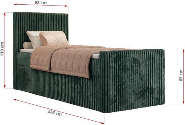 Bett mit Matratze, Boxspringbhett TILIANO DUO 90, Einzelbett 90 x 200 cm, Multipocket-Matratze 7-Zonen-Taschenfederkern - Dunkelgrün Cordstoff - H4 - Rechts - Topper T25 Bild 4