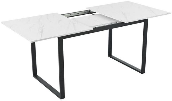 KLAM HOME Esstisch Esszimmertisch Teleskoptisch rechteckig Tisch 140/180x80x75cm (Moderne Weiße MDF Tischplatte Mit Marmormustern), Beine aus Eisen aus Metall & Vierkantrohrbeine für Heim & Büro